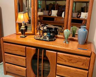 6 drawer Triple dresser with center shelves & glass front doors 65”w x 18d x 32”h  $100