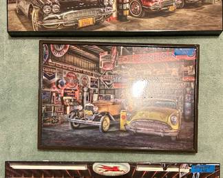 Three 1950s Car/Garage wall art prices, and measurements on each top right corner