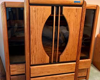 Dresser w/ 6 lower drawers, shelves behind glass doors (61”w x 22.5d x 61”h) $100