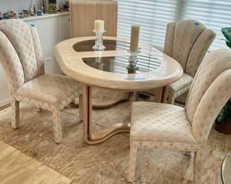 Table $145 (60”L x 43”w x29h) 24”leaf; 3 chairs $25ea