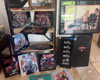 Motorcycle Art: tin metal girls $8ea;Shadow Box $50; 2008 Harley Davidson Heritage Collection w/ box $35 (12”x25”)