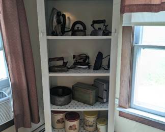 Vintage irons, thermos, tins
