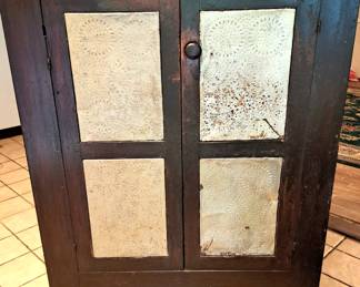 PRIMITIVE TIN PUNCH PIE SAFE CABINET 2 DOOR