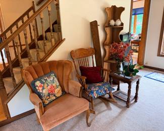 Arm chair, rocking chair, wood display shelf, end table, corner shelf