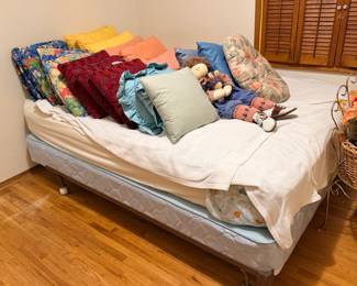 Twin size bed frame, mattress & box spring, throw pillows