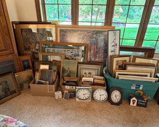 picture frames and artwork, wall clocks