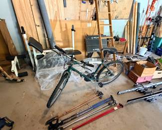 Bike, skies, weight bench