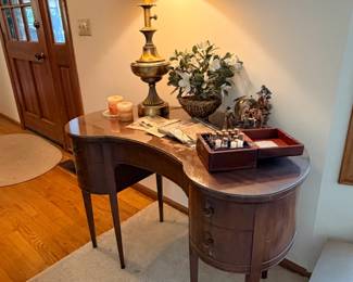 handmade Norwegian desk, table lamp, snow globe, silk flowers