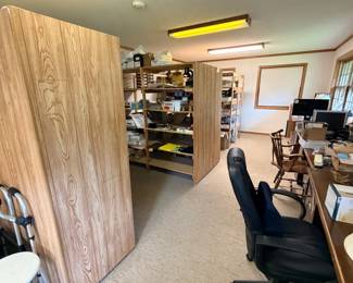 Home office shelves, desks, filing cabinets, shipping counter, chairs