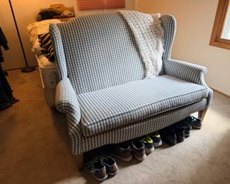Blue Gingham Wingback Loveseat