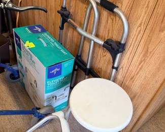 shower stool, folding walker, raised toilet seat