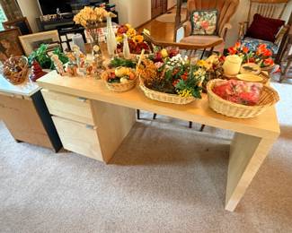 Ikea Desk, silk flowers, baskets, decor fruit, decor ducks, knick knacks