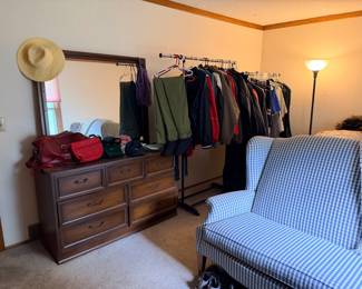 Dresser, purses, mens clothing, clothes racks, Blue Gingham Wingback Loveseat, floor lamp