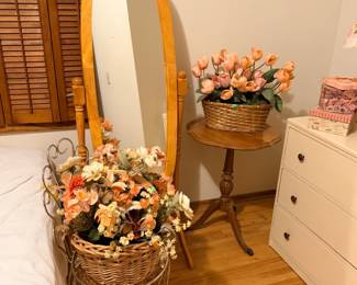 dresser, Floor mirror, gold chair, silk flowers