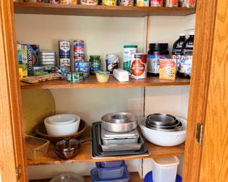 canned foods, baking pans and sheets, casserole dishes
