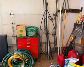 tool box, garden hose, shepards hooks