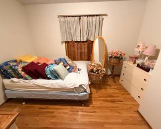 Twin size bed frame, mattress & box spring, throw pillows, dresser, Floor mirror, gold chair, silk flowers