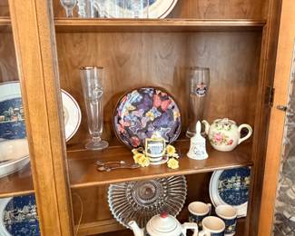 China hutch, knick knacks, christmas dishes, drinkware