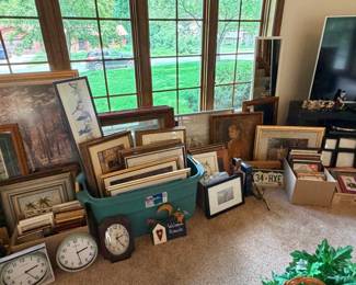 picture frames and artwork, wall clocks