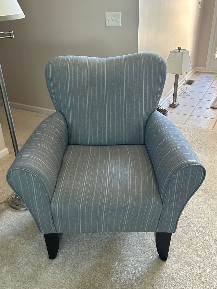 Blue cloth striped accent chair $175