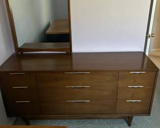 Approximately 1960s, walnut finish, tapered legs, brushed brass/chrome pulls, sculpted headboard — in absolutely pristine condition. **Dresser with mirror $600. 5'5" long x 30.5" high. Mirror 44" long x 27"wide **3-drawer nightstand/chest $200. 3'long x 30.5" high **Headboard (bedframe if interested will include) -$150. Headbord 50" **As a complete set $800