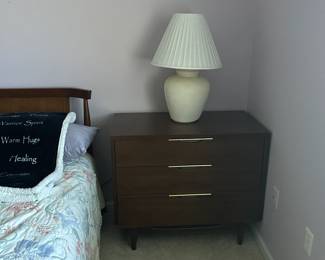 Genuine midcentury modern bedroom set : Approximately 1960s, walnut finish, tapered legs, brushed brass/chrome pulls, sculpted headboard — in absolutely pristine condition. **Dresser with mirror $600. 5'5" long x 30.5" high. Mirror 44" long x 27"wide **3-drawer nightstand/chest $200. 3'long x 30.5" high **Headboard (bedframe if interested will include) -$150. Headbord 50" **As a complete set $800
