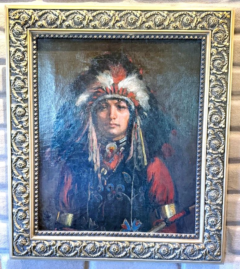 Original oil painting by Douglas John Connah (1871–1941), friend and colleague of John Singer Sargent and James McNeill Whistler. The piece is a large dramatic oil painting depicting a Plains Indian in warrior regalia, dating to the late 19th century and is accompanied by documentation (39” x 33” framed).