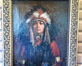Original oil painting by Douglas John Connah (1871–1941), friend and colleague of John Singer Sargent and James McNeill Whistler. The piece is a large dramatic oil painting depicting a Plains Indian in warrior regalia, dating to the late 19th century and is accompanied by documentation (39” x 33” framed).