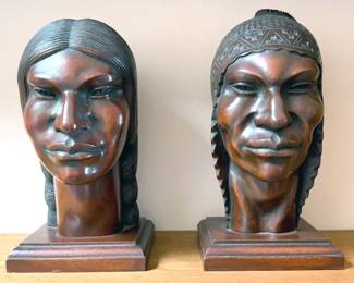 Pair of carved wood sculptures of Incan Indians by Mexican artist Flores Arias