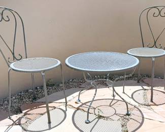 Bistro wrought iron chairs + side table, glider bench