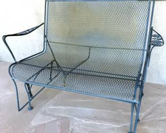 Bistro wrought iron chairs + side table, glider bench