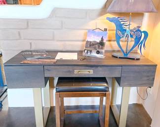 Modern writing desk + Desert Edge Metalworks horse lamp