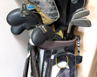 Ping golf bag + assorted clubs (Callaway, King Cobra, Adams Golf)