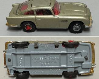 A vintage Corgi Toys 1:43 scale model of the James Bond Aston Martin DB5, specifically the model #270; made in Great Britain.