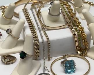 Lovely group of 14k and 18k gold, aquamarine, sapphire, and diamond jewelry