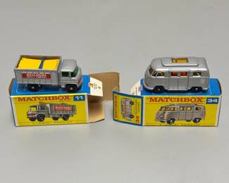 A vintage 1969 Matchbox Lesney #11d Mercedes Scaffolding Truck with original box, and a vintage 1967-1968 Lesney Matchbox No. 34 Volkswagen Camper with original box