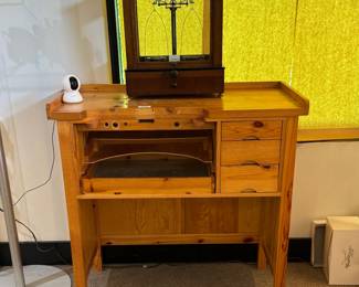 Jeweler's bench, and an antique Christian Becker analytical balance scale (see one in the Smithsonian National Museum of American History!)