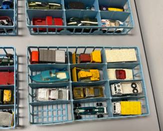 Closer views of the vintage 1968 Matchbox Official Series collector's case manufactured by Lesney Products, containing four blue plastic interior trays holding die-cast miniature vehicles. This is sold as a set.