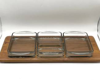 MCM Danish Teak Serving Tray with Glass Dishes — Vintage