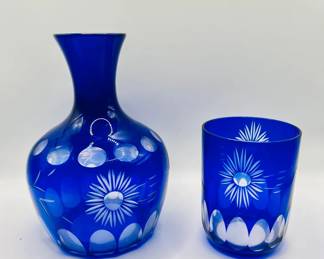 Bohemian Cobalt Blue Cut-to-Clear Vintage Blown Glass Decanter