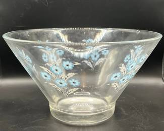 10 1/2” 1960s Culver Glass Serving Bowl with Hand-Painted Blue Flowers