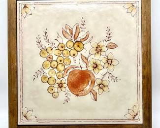 Ceramic Tile Trivet Handpainted Apples & Grapes in Oak Wood Frame Vintage 9 1/4"