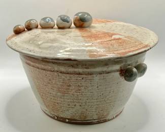9” Signed Wheel-Thrown Stoneware Pottery with Lid