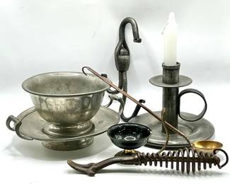(7) Mixed Metals including Wrought Iron Meat Hook & Pewter Candle Holder
