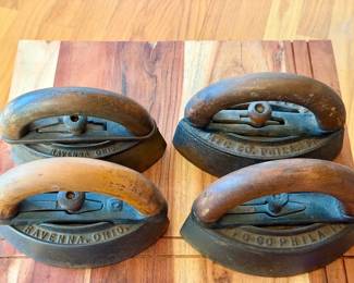 (4) Antique Cast Iron Sad Irons With Handles Feat AC Williams Co.