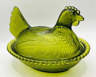 Indiana Glass Olive Green “Hen on Nest” Stippled Chicken