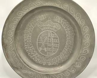 12” Antique German Metal Platter Dated 1802