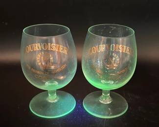 (2) Courvoisier Brandy Cognac Glasses with Green Glow in Ultraviolet Light