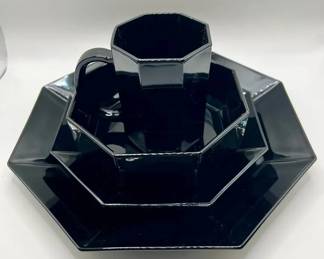 (32) Arcoroc Octime 1980s Art Deco Revival Black Glass Dishes — France