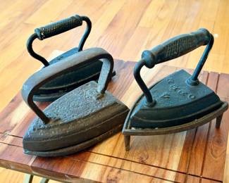 (3) Antique Cast Iron Sad Irons With Stands